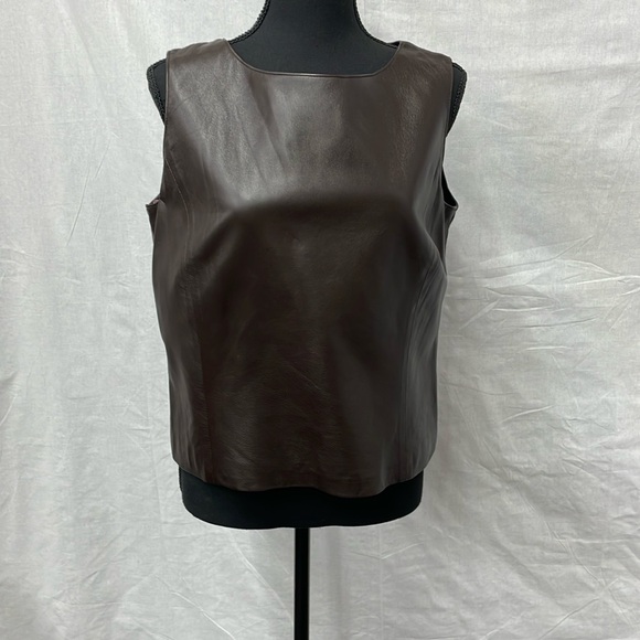 Lafayette 148 leather shell top with knit back in dark brown, size 12 - Picture 1 of 8